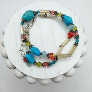 Turquoise Chunk Faceted Colorful Glass Sterling Silver Beaded Necklace Bohemian